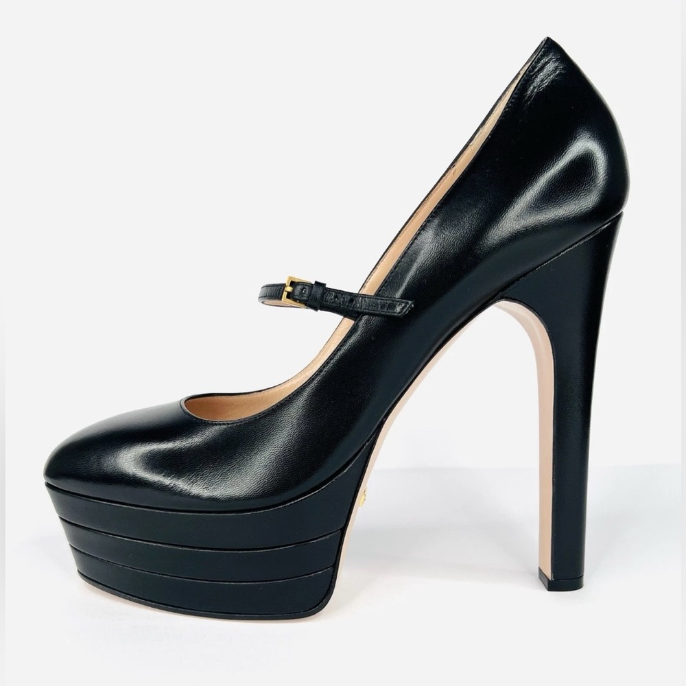 Gucci Plato Malaga Leather Platform Mary Jane Marmont Heel Pumps Size EU 40.5